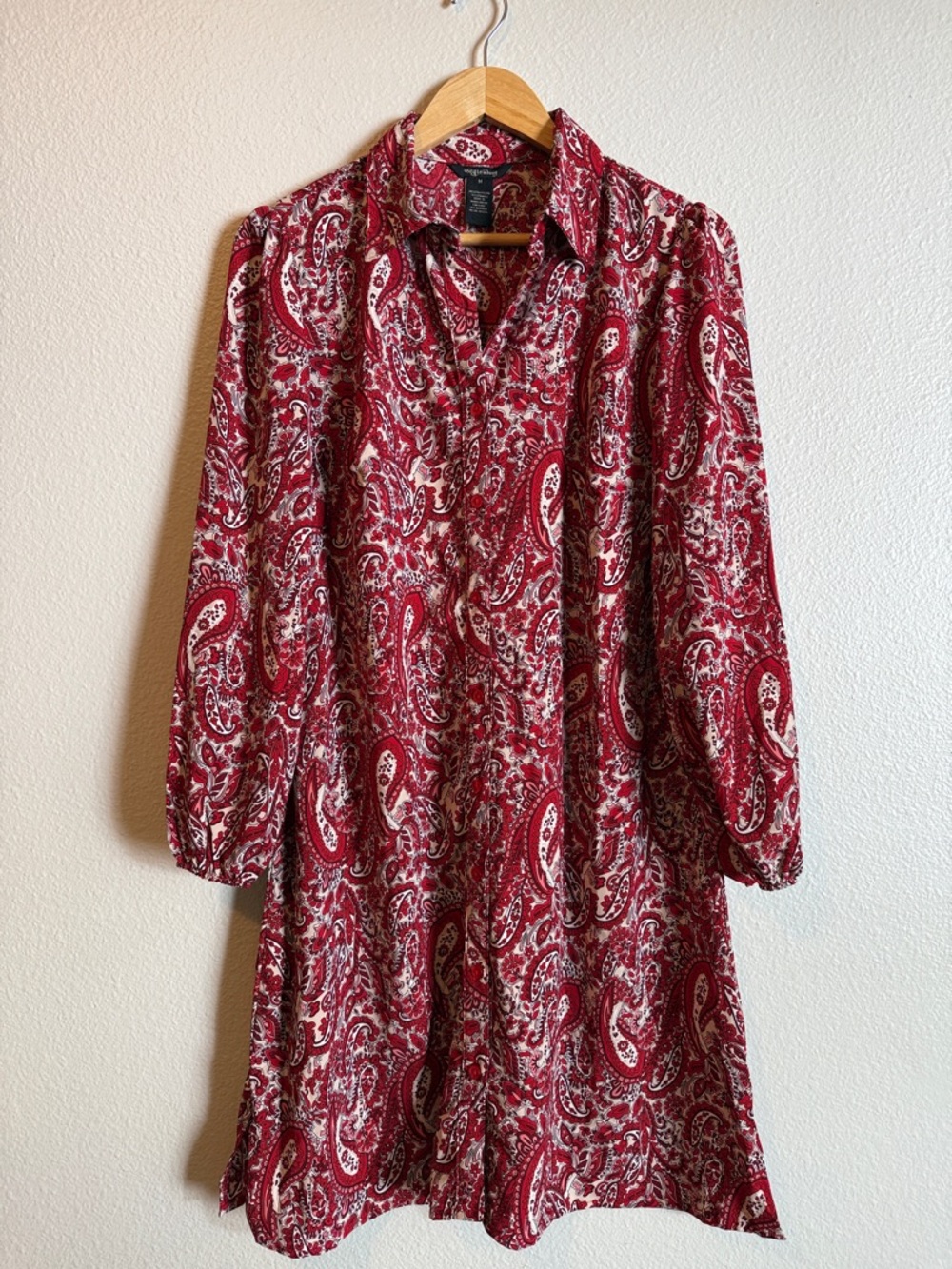 Red Paisley Button Front Boho Shirt Dress Western Cottagecore Midi Millenium M